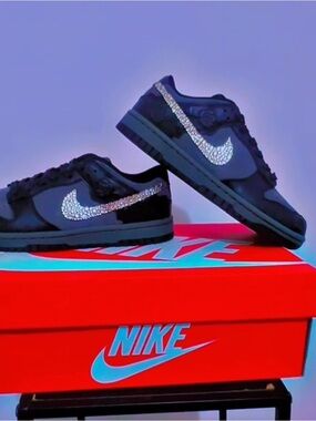 New Nike Dunk Low Black with Rhinestone Swoosh